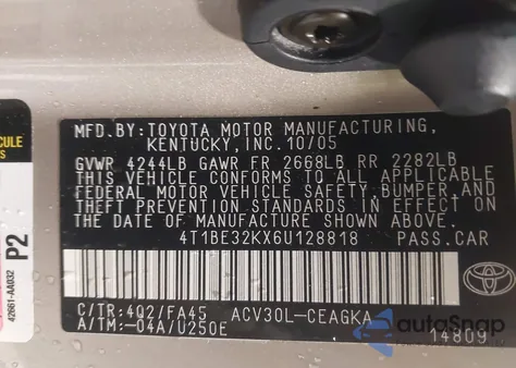 2006 Toyota Camry Xle z USA, uszkodzony, nr VIN 4T1BE32KX6U128818